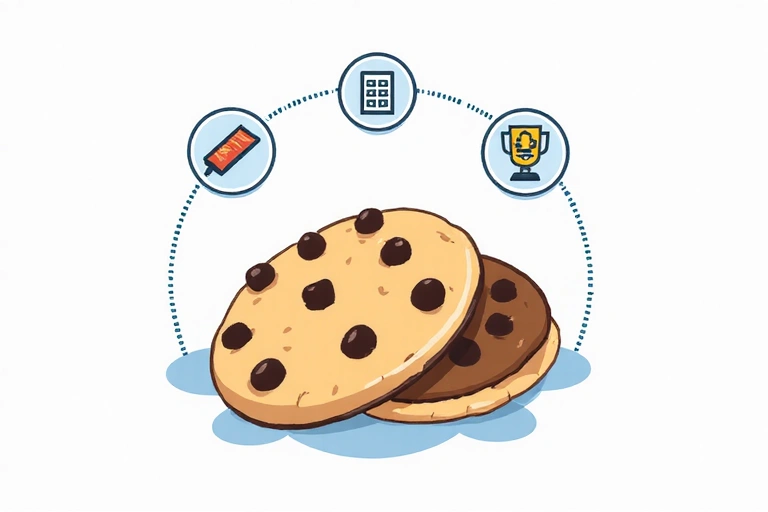Illustrazione di cookie digitali con simboli di privacy e impostazioni, che rappresentano la gestione dei cookie online.