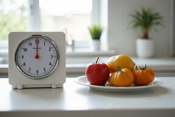 Una bilancia da cucina con frutta e verdura fresche su un piatto, simboleggiante una sana gestione del peso e una dieta equilibrata.